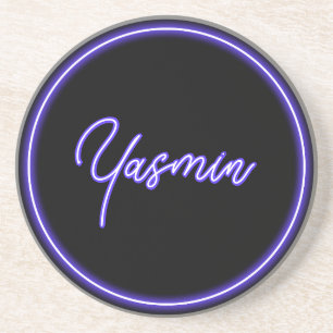 Purple Black Neon Script Stylish Wedding Favour Coaster