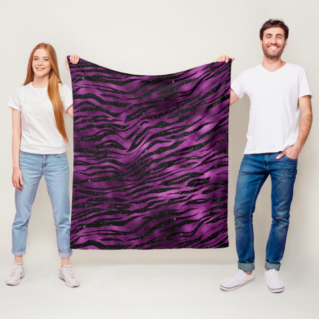 Purple & Black Ombre Glam Glitter Tiger Stripes Fleece Blanket (In Situ)