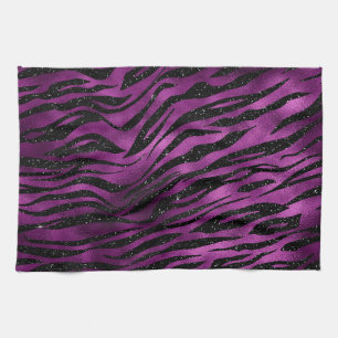 Purple & Black Ombre Glam Glitter Tiger Stripes Tea Towel