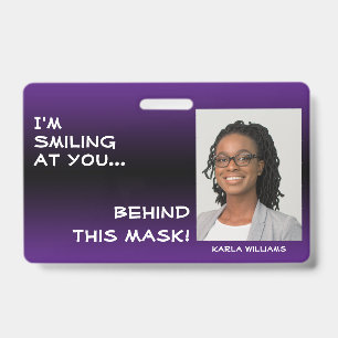 Purple & Black Ombre Smiling Hello Behind Mask ID Badge