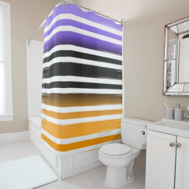 Purple Black Orange Paint Brush Halloween Shower Curtain (In Situ)