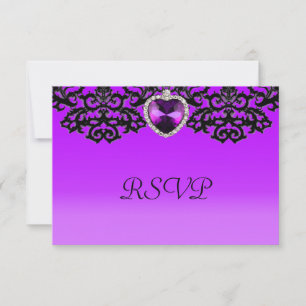 Purple & Black Ornate Heart Pendant Wedding RSVP Card