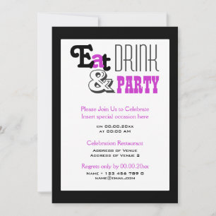 Purple black party "eat drink and" stylish invitation