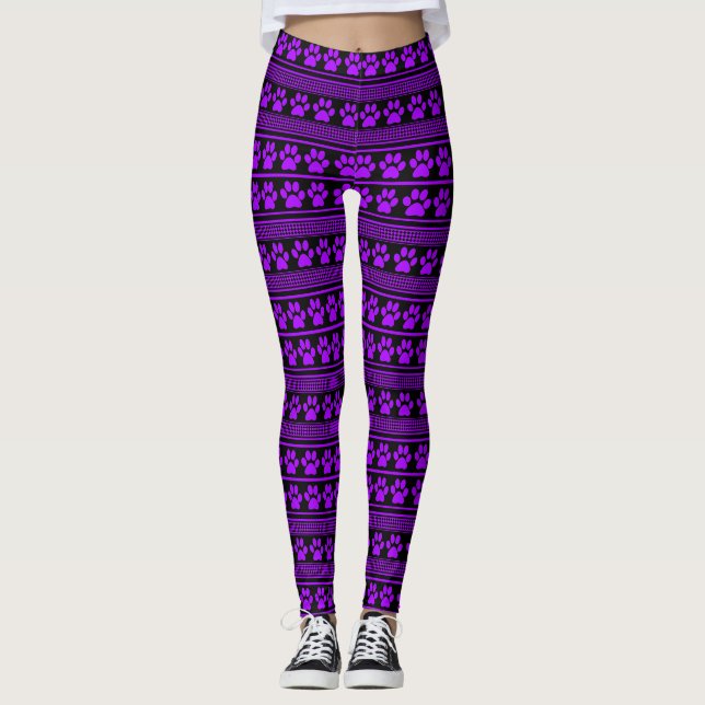 Purple black paw print pattern leggings (Front)