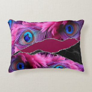 Purple Black Peafowl Marble Agate Glam Decorative Cushion
