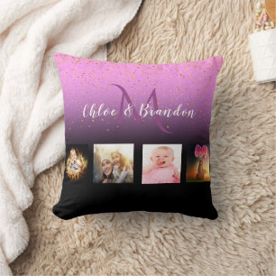 Purple black photo collage name monogram cushion