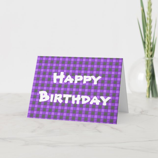 Purple Black Plaid Check Happy Birthday Card (Front)