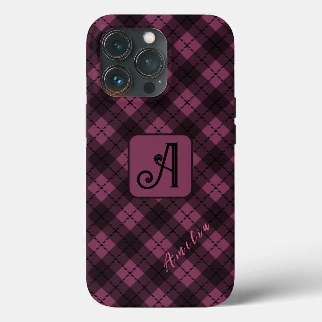 Purple Black Plaid Customise Name Case-Mate iPhone Case (Back)