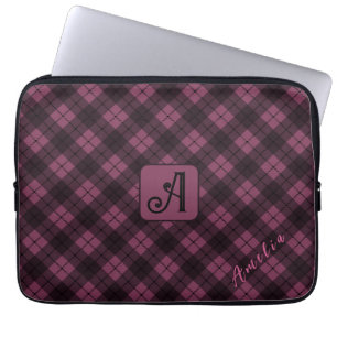 Purple Black Plaid Customise Name Laptop Sleeve