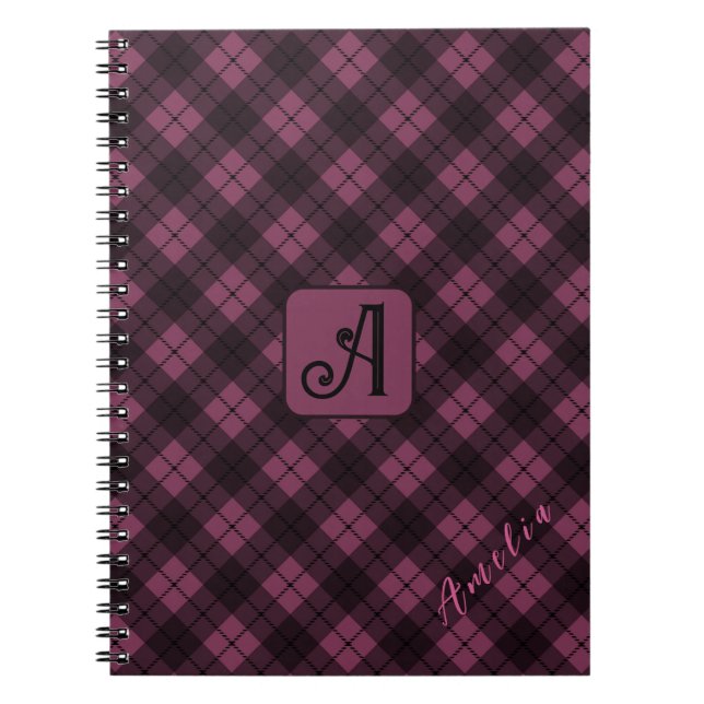 Purple Black Plaid Customise Name Notebook (Front)