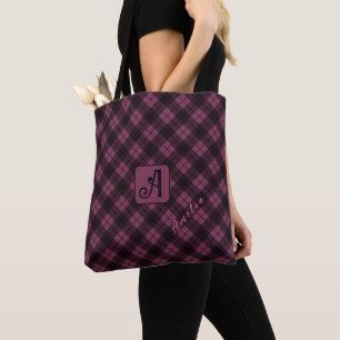 Purple Black Plaid Customise Name Tote Bag