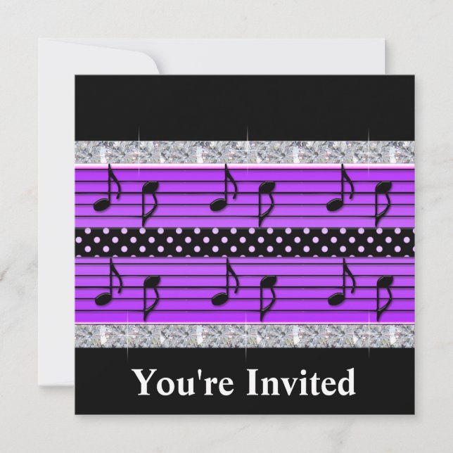 Purple & Black Polka Dot Diamonds & Musical Notes Invitation (Front)