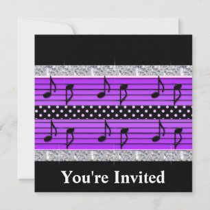 Purple & Black Polka Dot Diamonds & Musical Notes Invitation