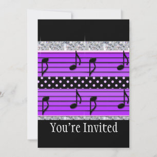 Purple & Black Polka Dot Diamonds & Musical Notes Invitation