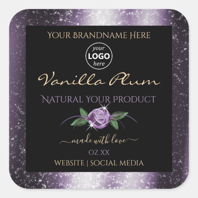 Purple Black Product Labels Soft Glitter with Logo (Front)