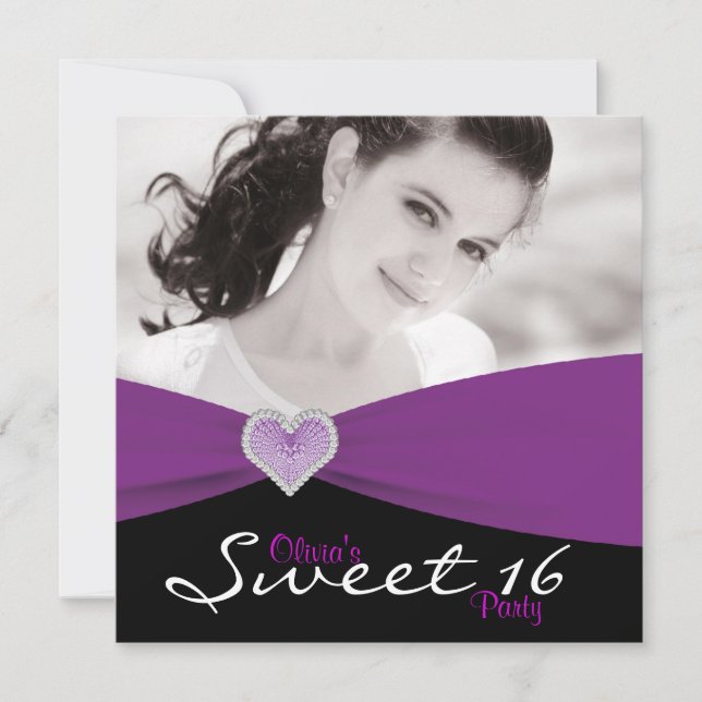 Purple Black Purple Sweet 16 Photo Birthday Party Invitation (Front)