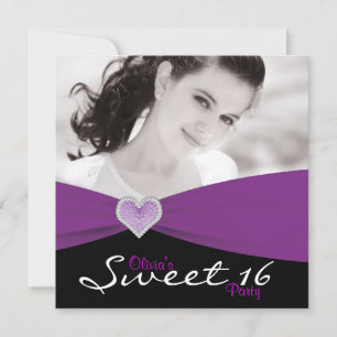 Purple Black Purple Sweet 16 Photo Birthday Party Invitation