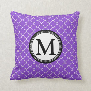 Purple Black Quatrefoil Monogram Decorative Pillow