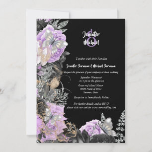 Purple black rose butterfly chic elegant wedding invitation