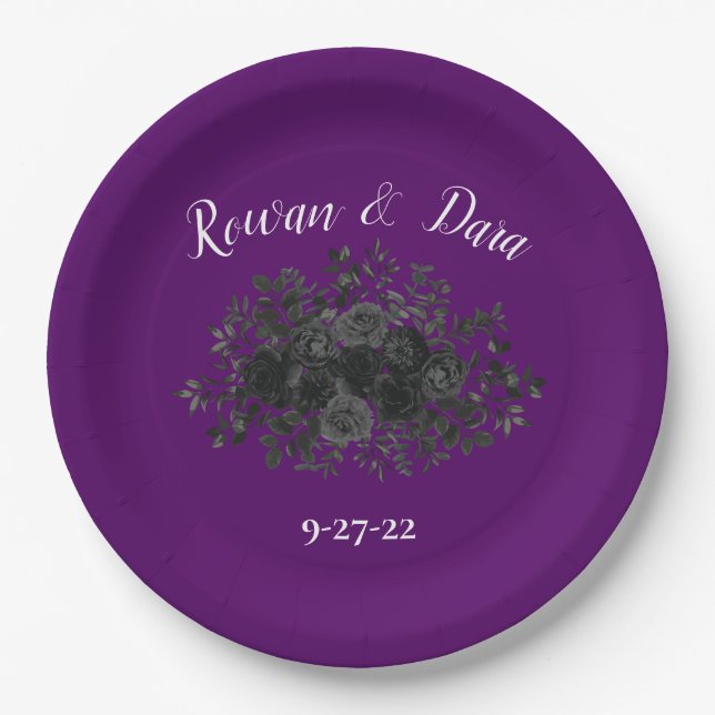 Purple Black Rose Gothic Wedding Paper Plates (Front)