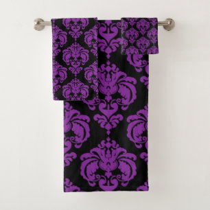 Purple & Black Royal Glam Damask Bath Towel Set