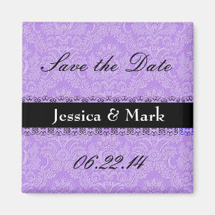 Purple  & Black Save Date Damask Wedding Magnet
