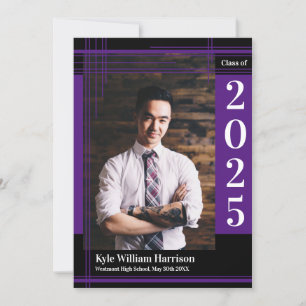 Purple Black School Colour Graduation Photo Plaid Invitation