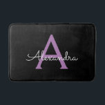 Purple Black Script Girly Monogram Name Bath Mat<br><div class="desc">Black and Purple Simple Script Monogram Name Bath Mats. This makes the perfect graduation,  birthday,  wedding,  bridal shower,  anniversary,  baby shower or bachelorette party gift for someone that loves glam luxury and chic styles.</div>