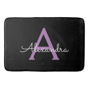 Purple Black Script Girly Monogram Name Bath Mat