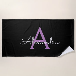 Purple Black Script Girly Monogram Name Beach Towel