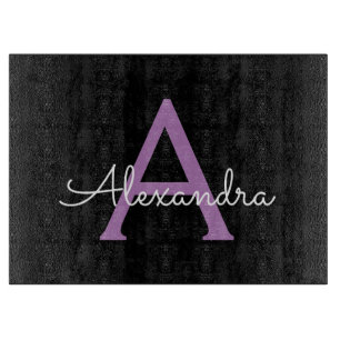 Purple Black Script Girly Monogram Name Cutting Board