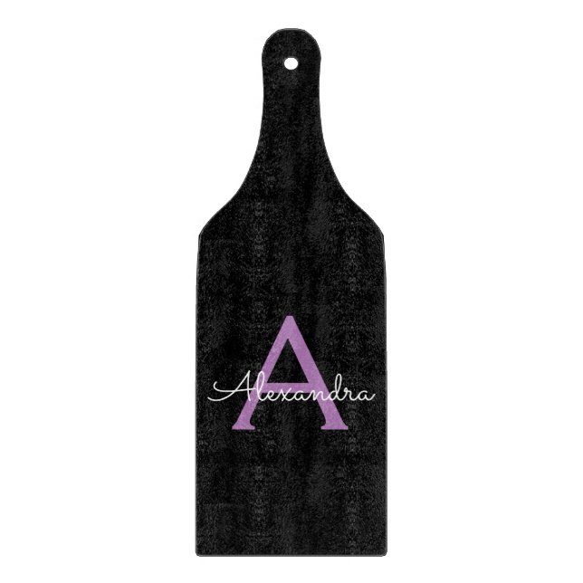 Purple Black Script Girly Monogram Name Cutting Board (Front)