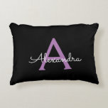 Purple Black Script Girly Monogram Name Decorative Cushion<br><div class="desc">Black and Purple Script Monogram Name and Initial Pillow. The pillow makes the perfect sweet 16 birthday,  wedding,  bridal shower,  baby shower or bachelorette party gift for someone decorating her room in rose gold.</div>