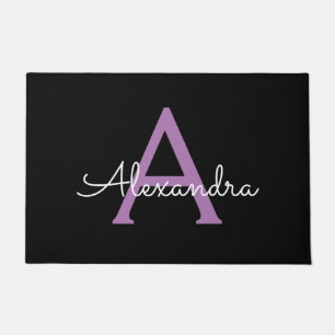 Purple Black Script Girly Monogram Name Doormat