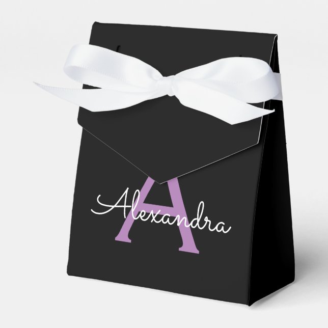 Purple Black Script Girly Monogram Name Favour Box (Front Side)