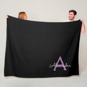 Purple Black Script Girly Monogram Name Fleece Blanket