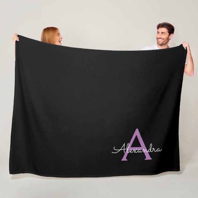 Purple Black Script Girly Monogram Name Fleece Blanket (In Situ)
