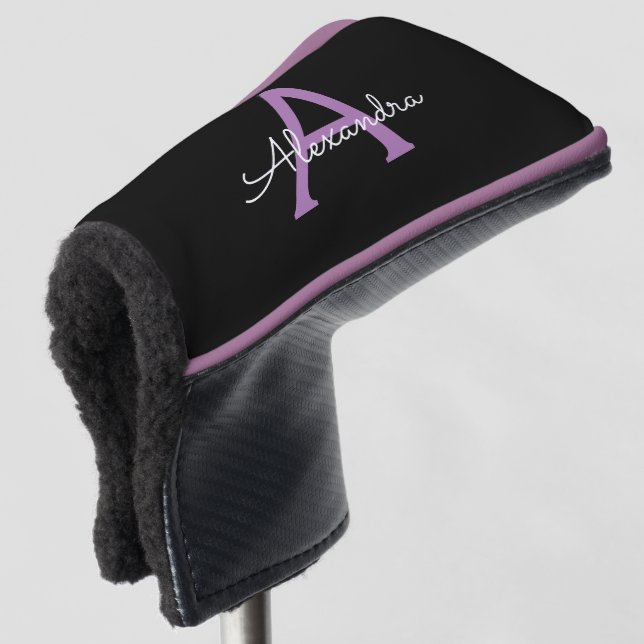 Purple Black Script Girly Monogram Name Golf Head Cover (3/4 Front)