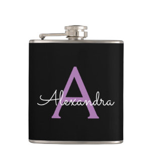 Purple Black Script Girly Monogram Name Hip Flask