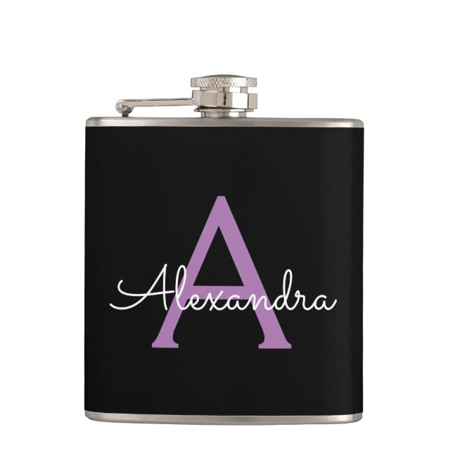 Purple Black Script Girly Monogram Name Hip Flask (Front)