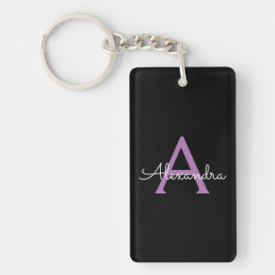 Purple Black Script Girly Monogram Name Key Ring