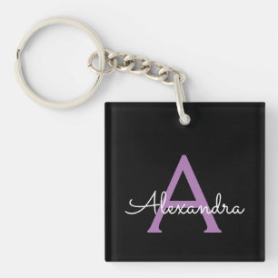 Purple Black Script Girly Monogram Name Key Ring