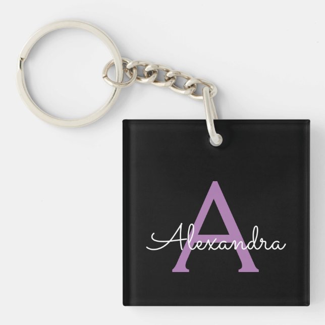 Purple Black Script Girly Monogram Name Key Ring (Front)