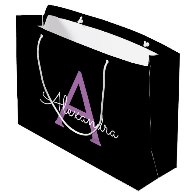 Purple Black Script Girly Monogram Name Large Gift Bag (Back Angled)