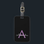 Purple Black Script Girly Monogram Name Luggage Tag<br><div class="desc">Purple and Black Monogram Add Your Own Name Script Signature Pillow. The luggage bag tag makes the perfect sweet 16 birthday,  wedding,  bridal shower,  baby shower or bachelorette party gift for someone who loves a chic elegant and modern style.</div>
