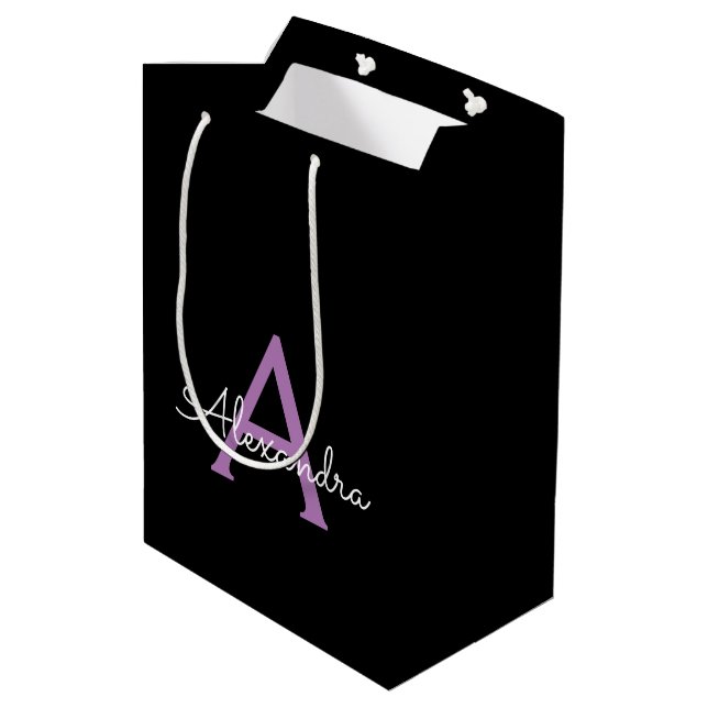 Purple Black Script Girly Monogram Name Medium Gift Bag (Back Angled)