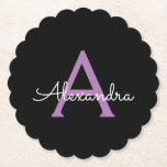 Purple Black Script Girly Monogram Name Paper Coaster<br><div class="desc">Black and Purple Simple Script Monogram Name Paper Coasters. This makes the perfect graduation,  birthday,  wedding,  bridal shower,  anniversary,  baby shower or bachelorette party gift for someone that loves glam luxury and chic styles.</div>