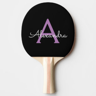 Purple Black Script Girly Monogram Name Ping Pong Paddle