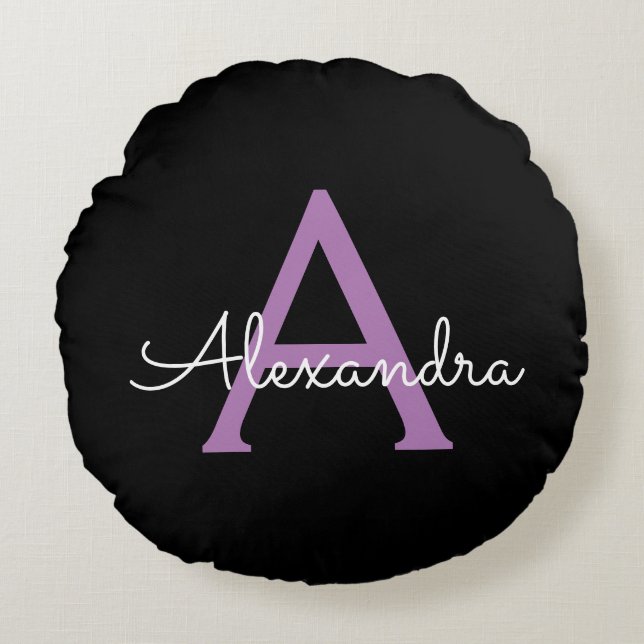 Purple Black Script Girly Monogram Name Round Cushion (Front)