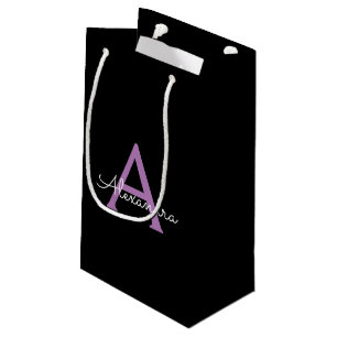 Purple Black Script Girly Monogram Name Small Gift Bag